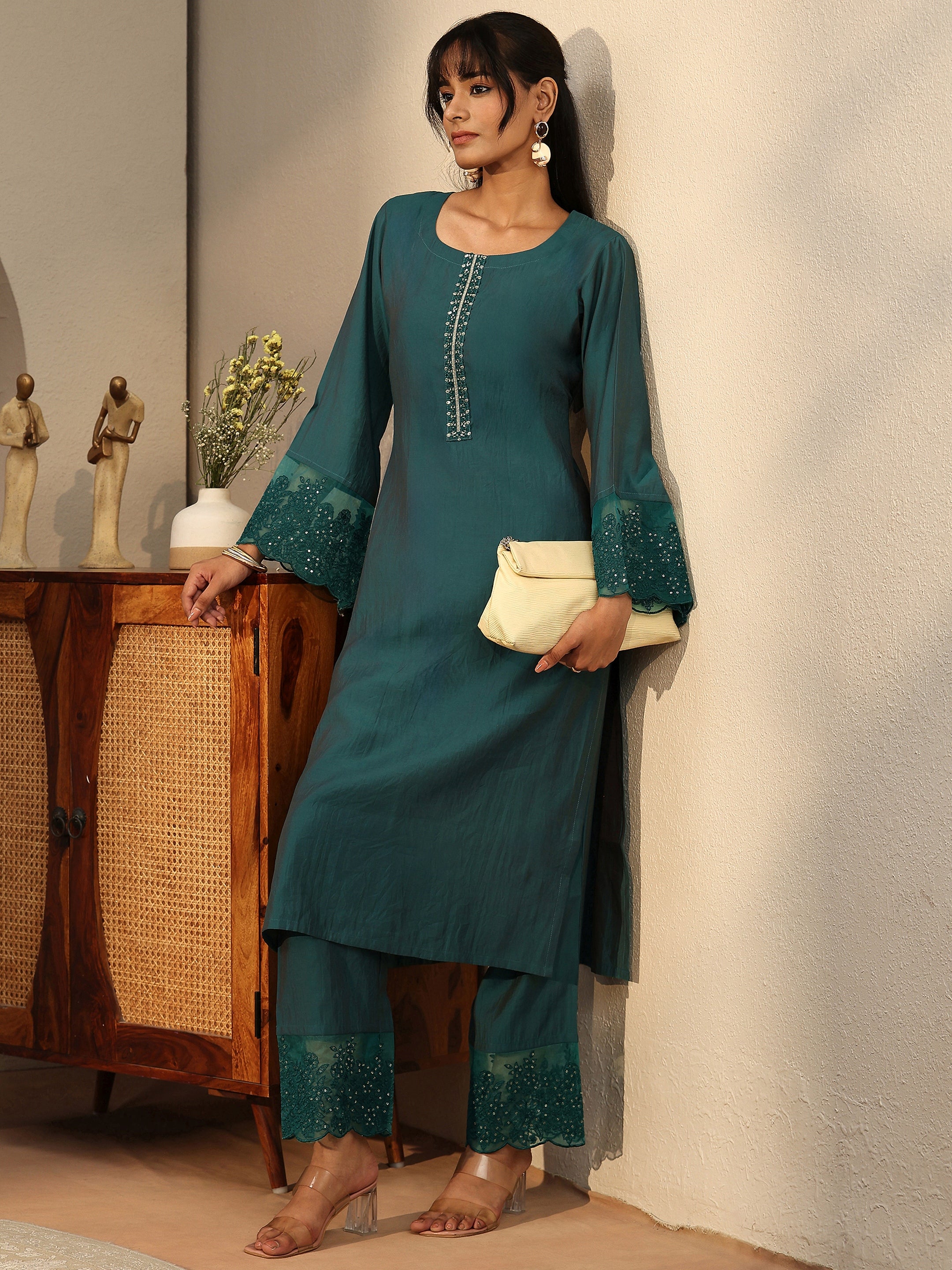 libas Teal Blue Silk Blend Straight Kurta Set-picture-65