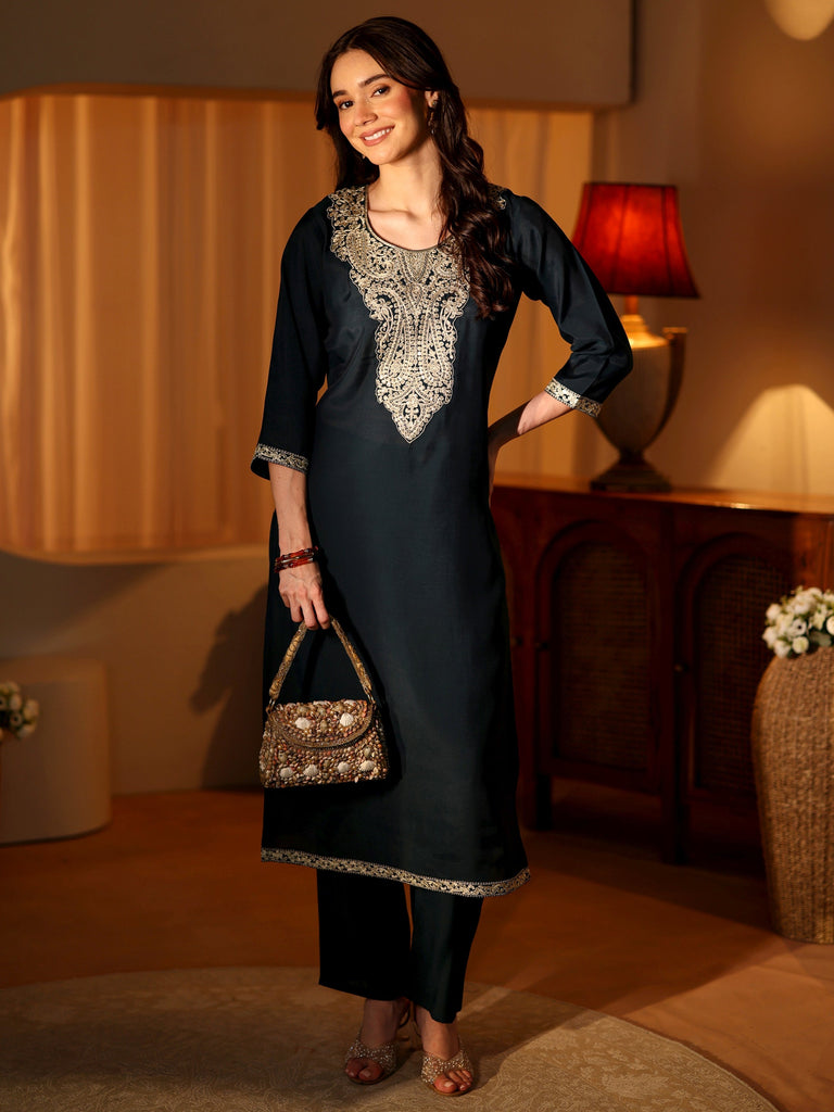 Libas Teal Blue Yoke Design Silk Blend Straight Kurta Set