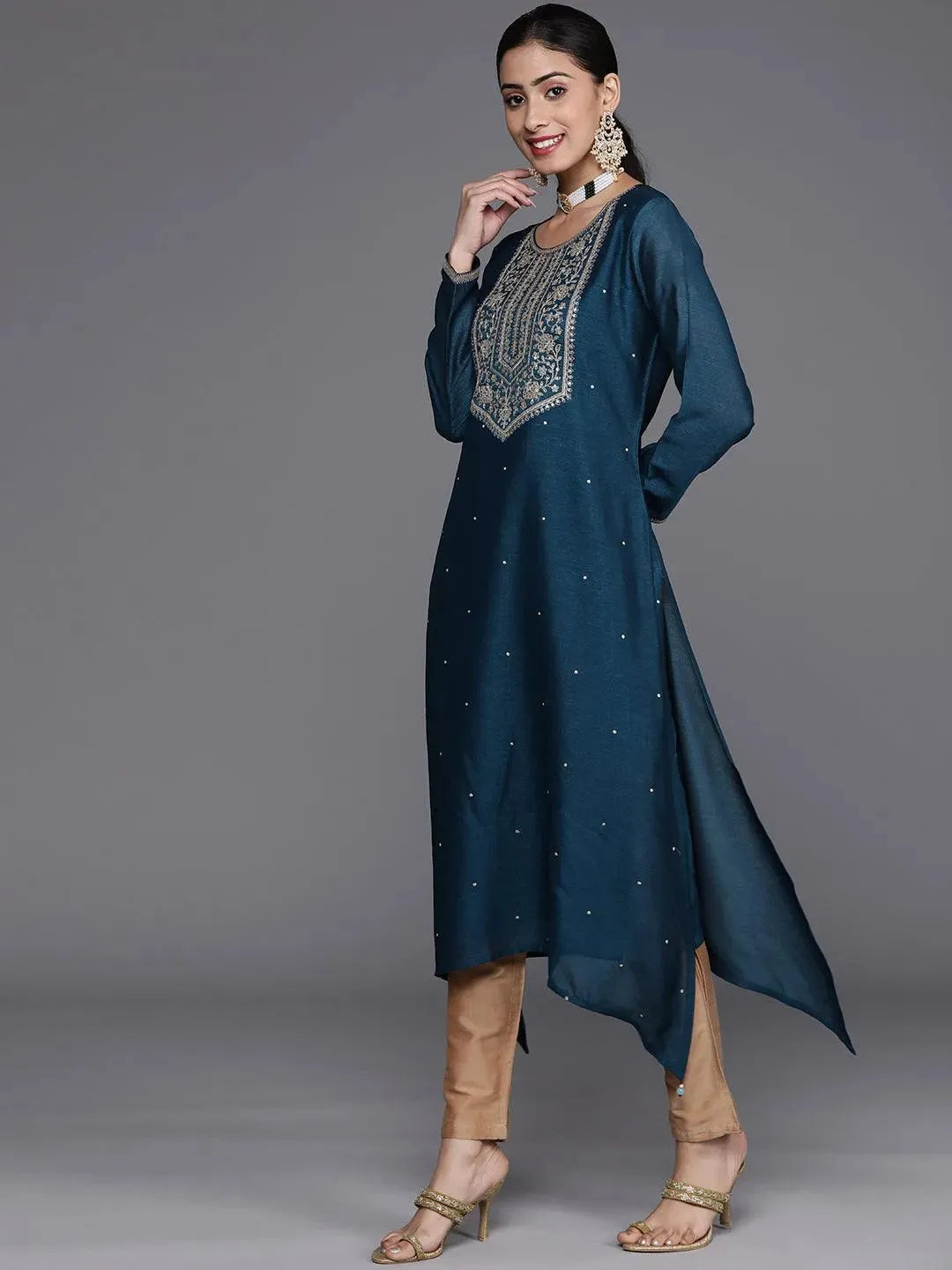 Teal Blue Yoke Design Silk Kurta - Libas 