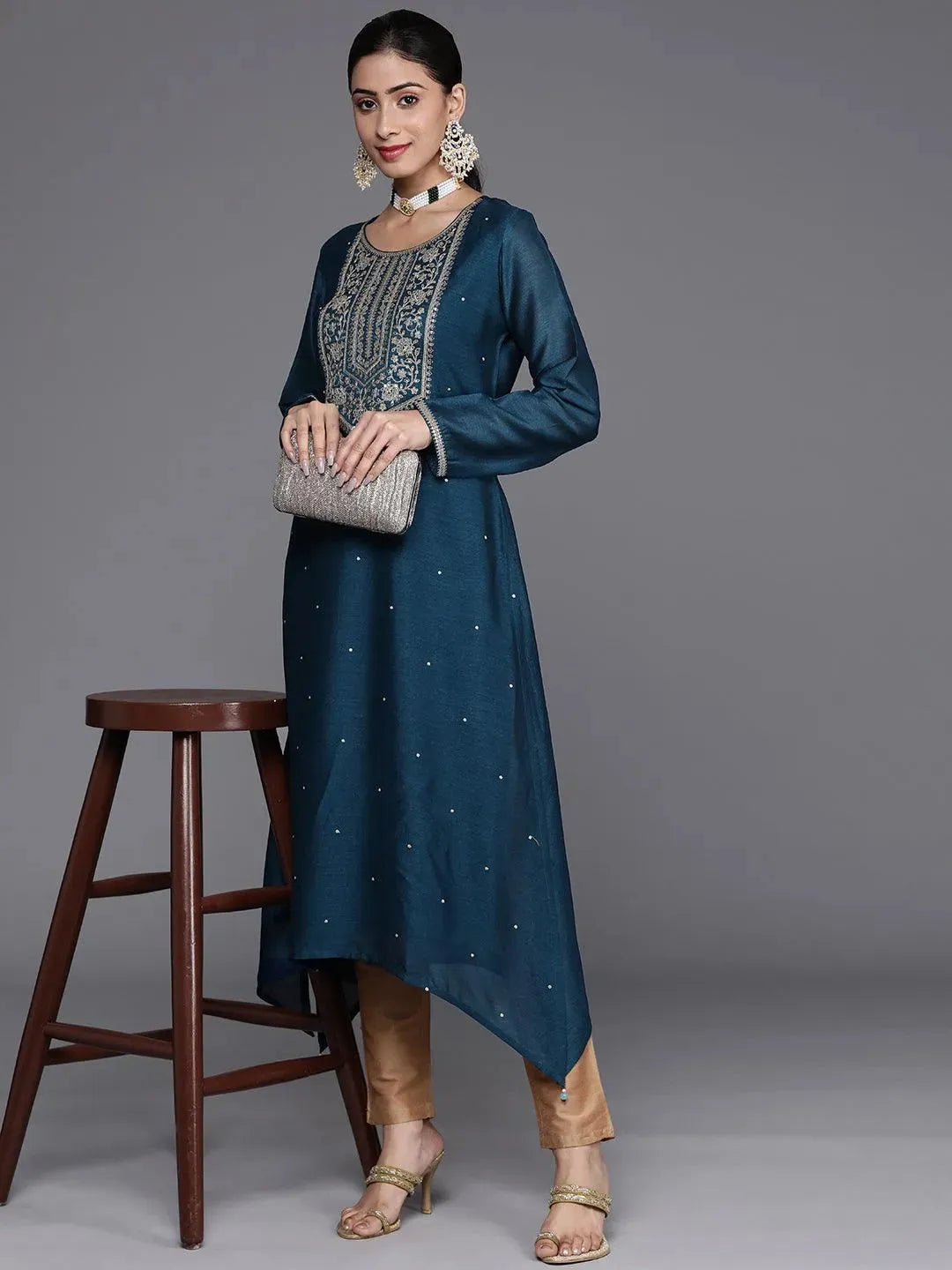 Teal Blue Yoke Design Silk Kurta - Libas 