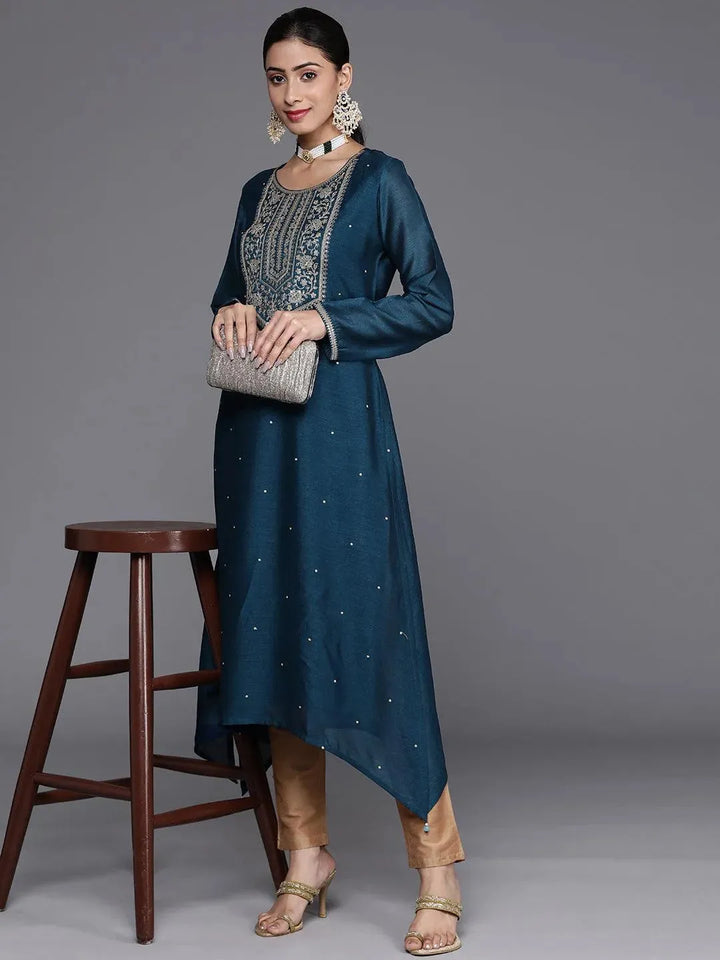 Teal Blue Yoke Design Silk Kurta - Libas