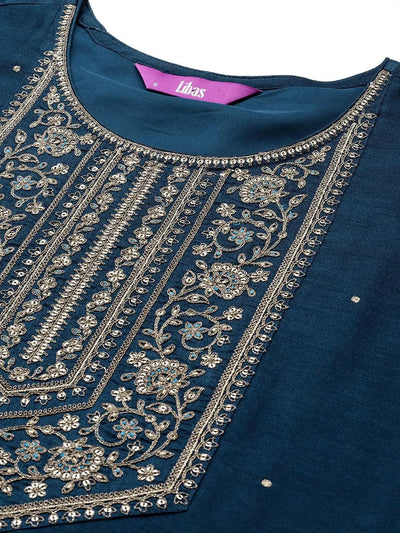 Teal Blue Yoke Design Silk Kurta - Libas