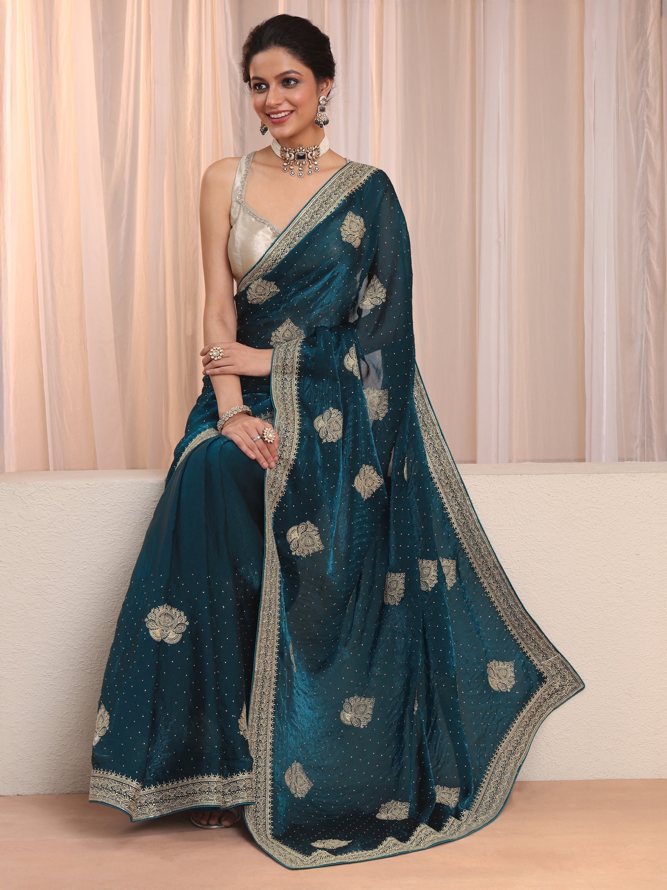 Teal Embellished Floral Motif Tissue Saree-image-11