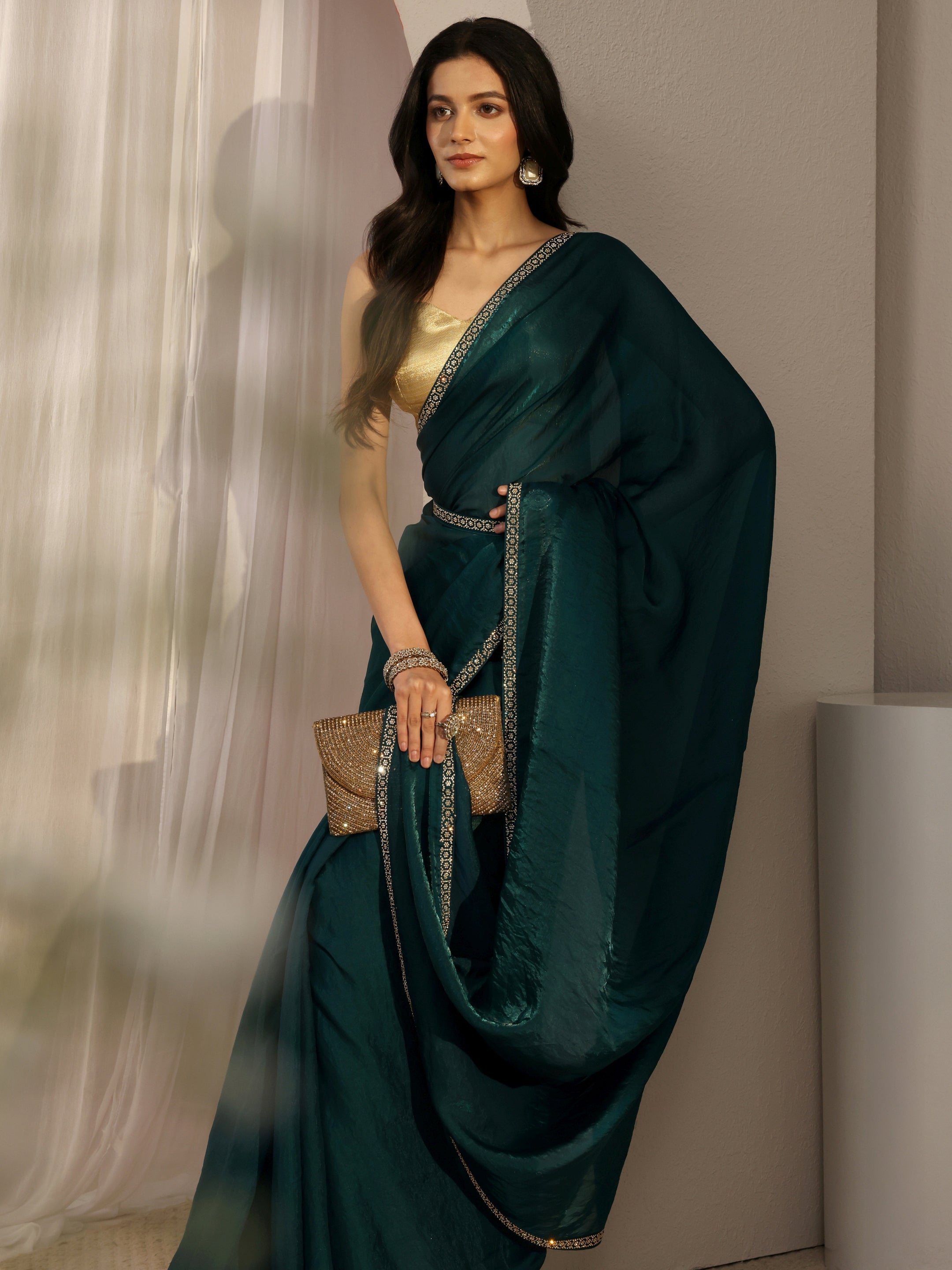 Teal Embellished Satin Saree With Unstiched Blouse Piece-image-12