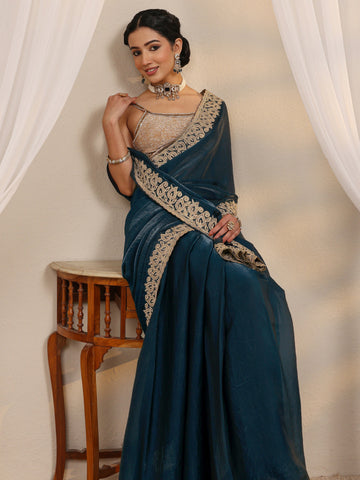 Teal Embellished Tissue Saree With Unstitched Blouse Piece