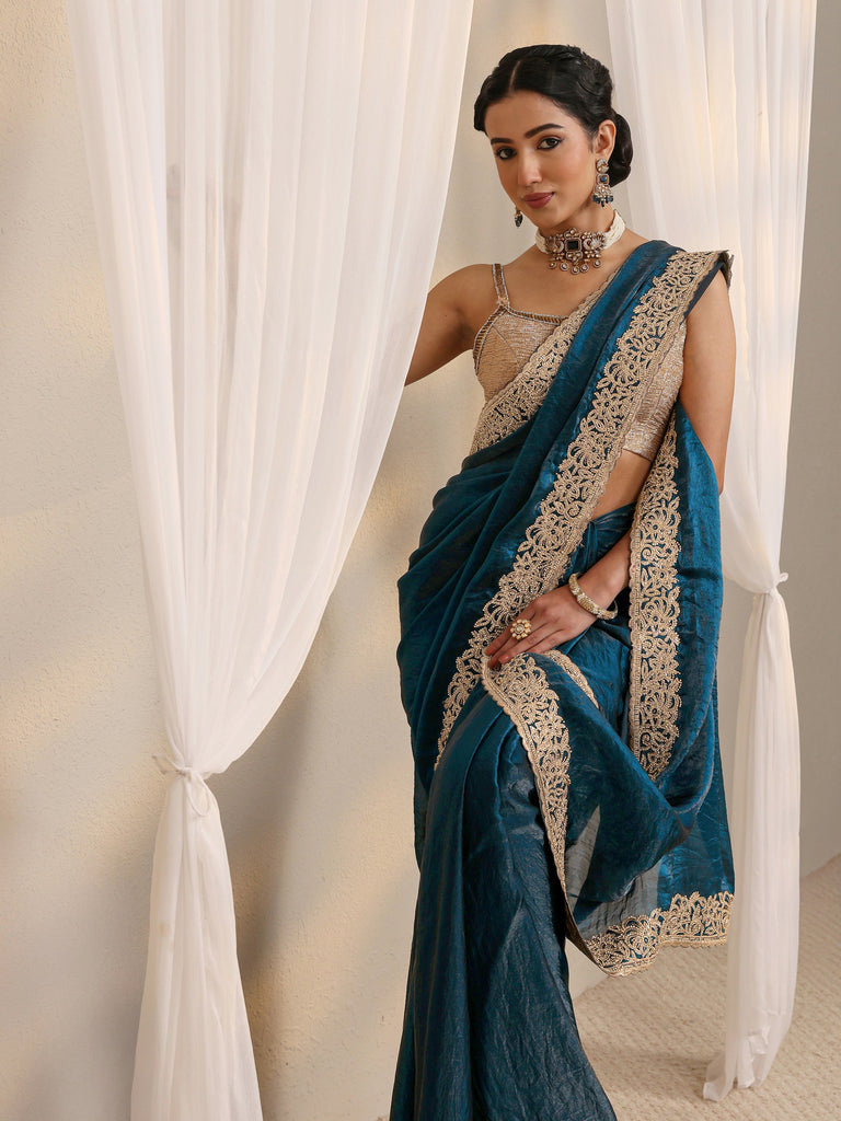 Libas Teal Embellished Tissue Saree With Unstitched Blouse Piece