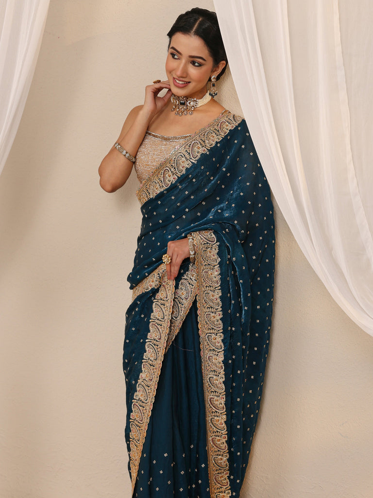 Libas Teal Embellished Tissue Saree With Unstitched Blouse Piece