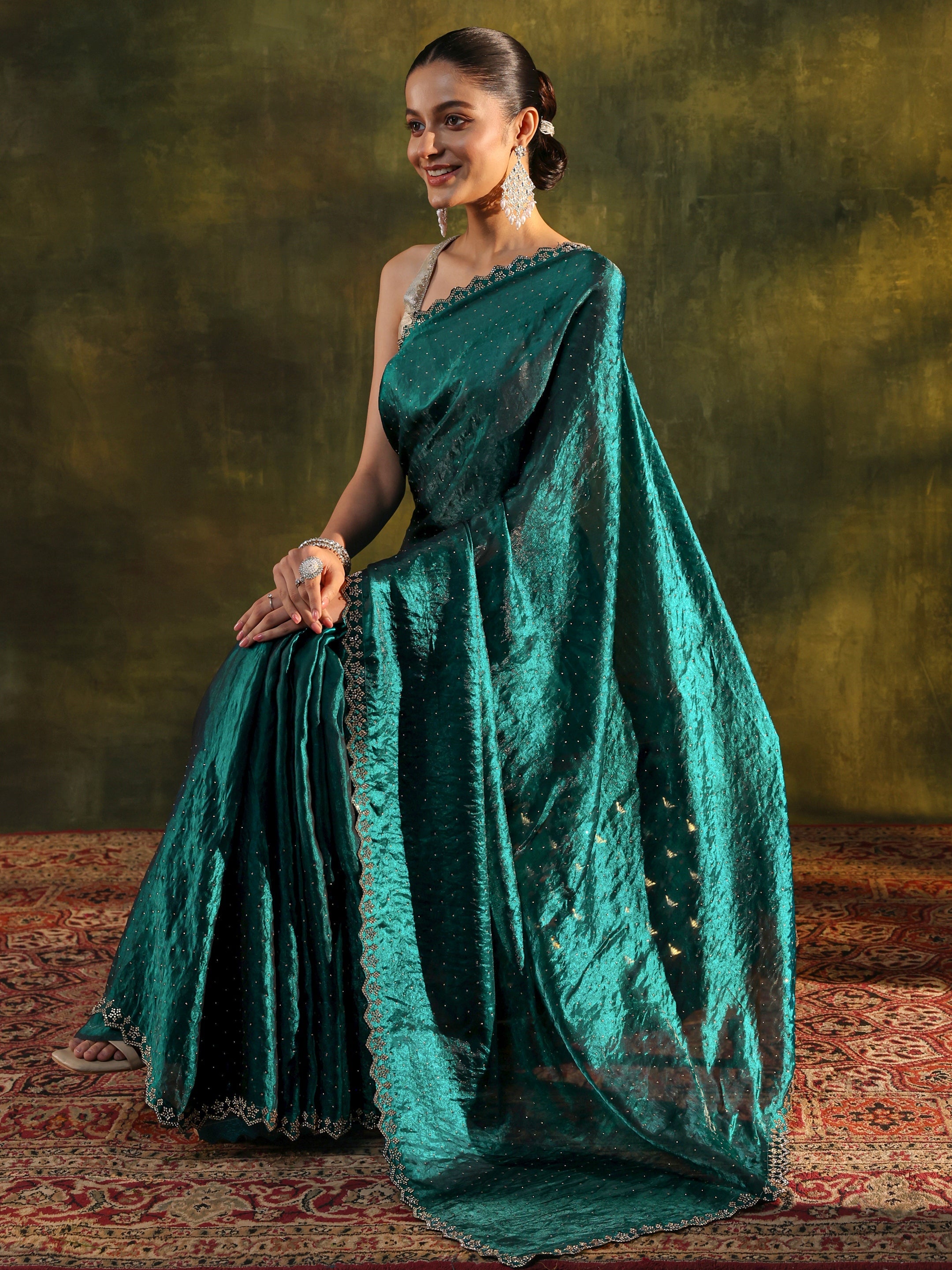 Teal Embellished Tissue Saree With Unstitched Blouse Piece-image-10