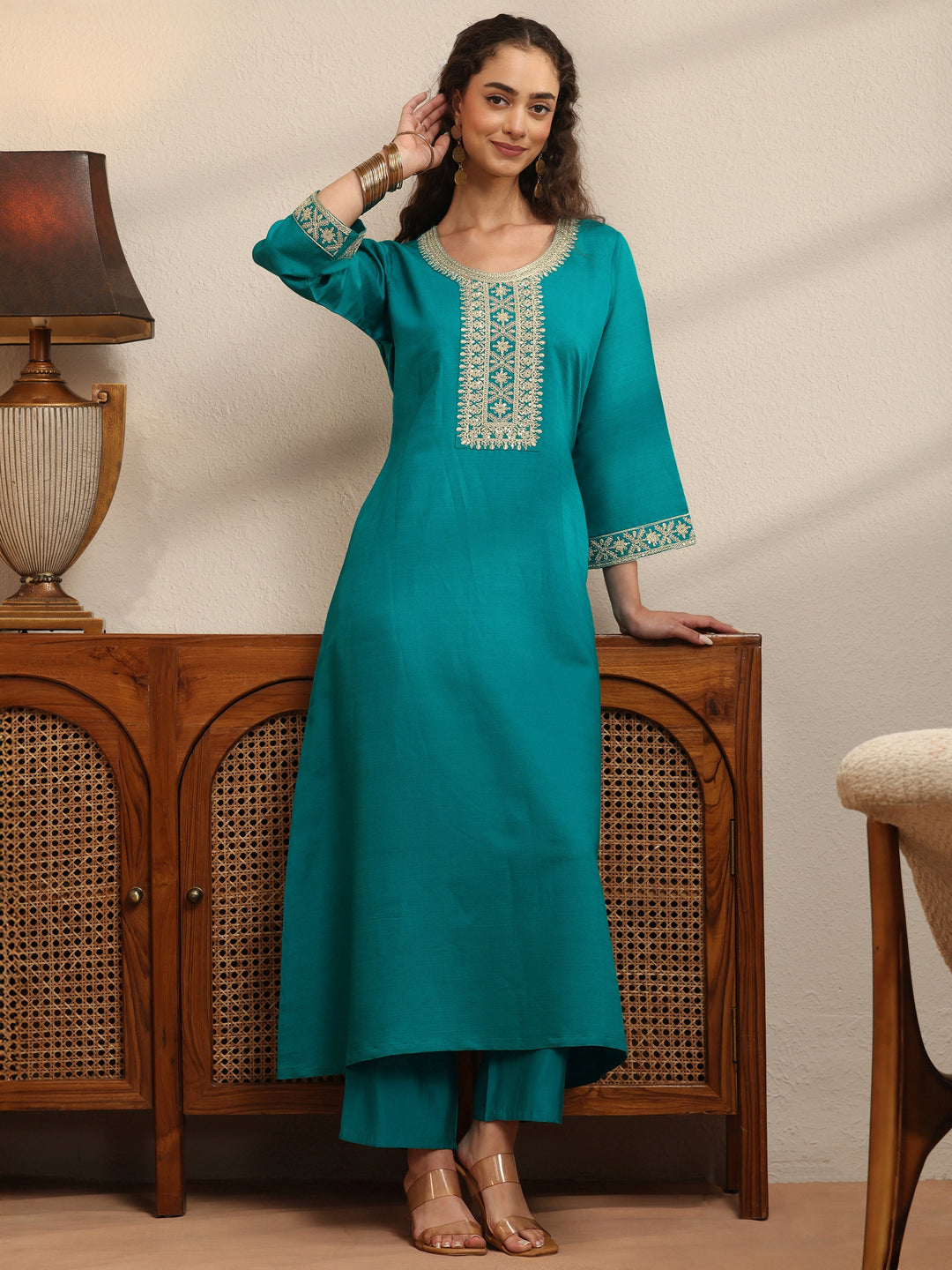  Teal Embellished Yoke Design Silk Blend A-Line Kurta Set 
