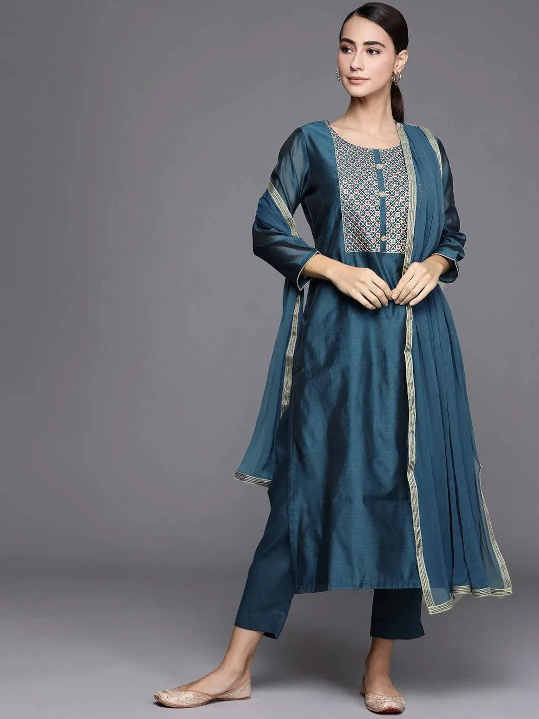 Teal Embroidered Chanderi Silk Suit Set - Libas