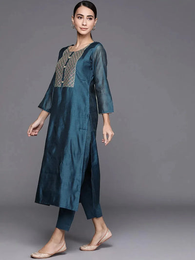 Teal Embroidered Chanderi Silk Suit Set - Libas