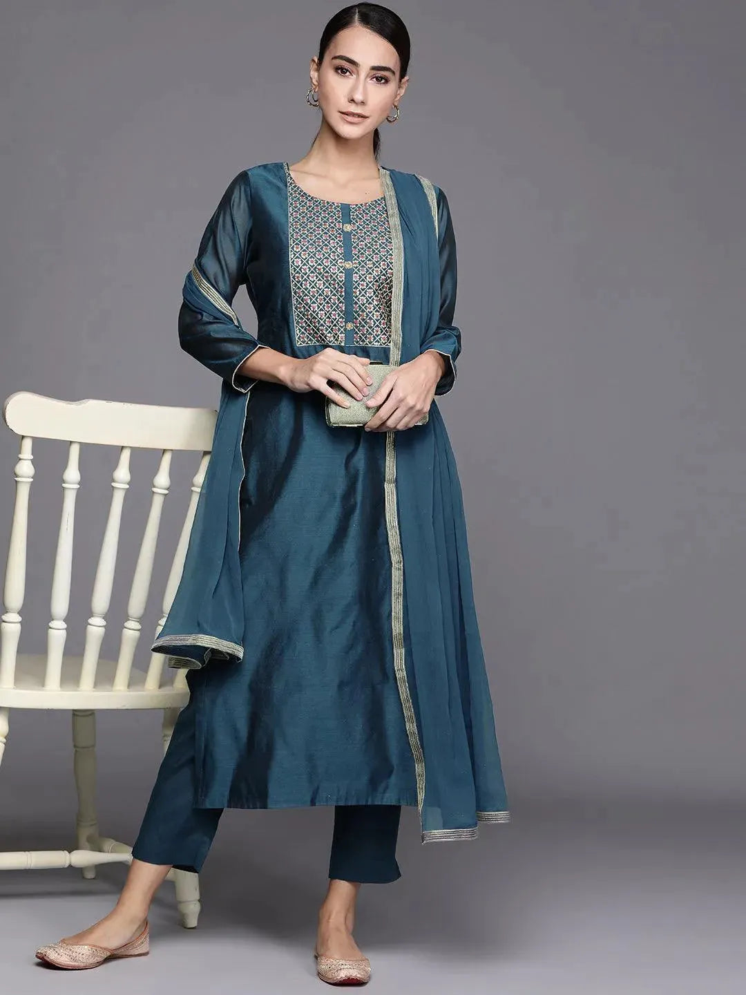 Teal Embroidered Chanderi Silk Suit Set - Libas