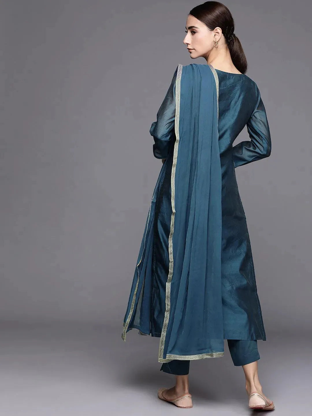 Teal Embroidered Chanderi Silk Suit Set - Libas