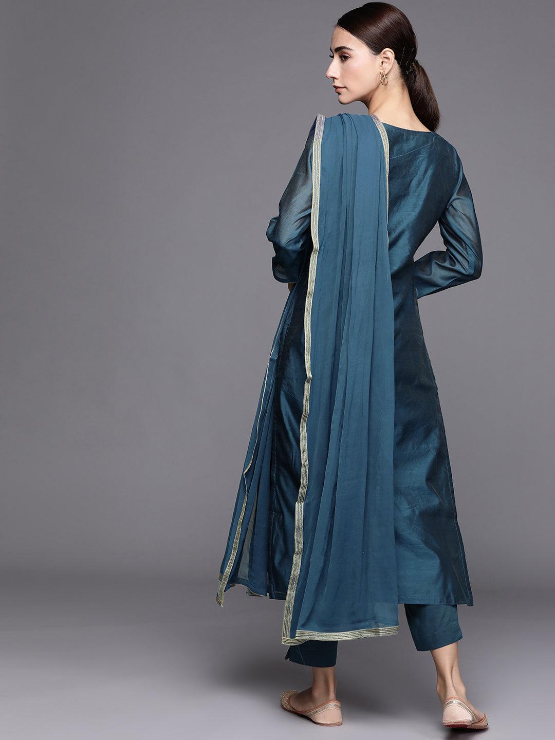Teal Embroidered Chanderi Silk Suit Set - Libas