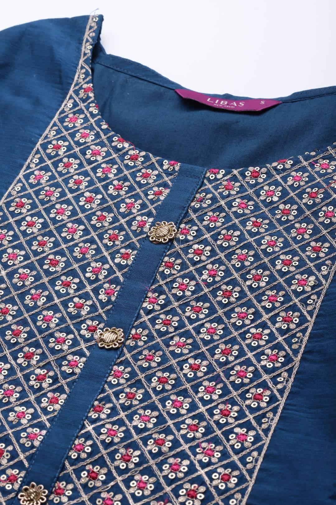 Teal Embroidered Chanderi Silk Straight Kurta With Dupatta