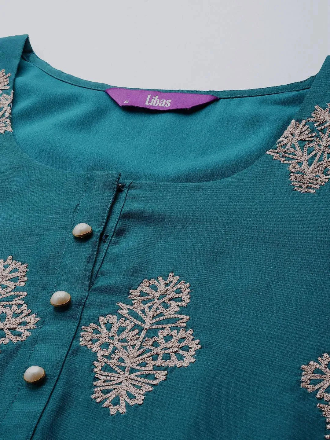 Teal Embroidered Chanderi Silk Straight Suit Set - Libas 