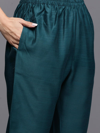 Teal Embroidered Chanderi Silk Straight Kurta With Trousers & Dupatta - Libas