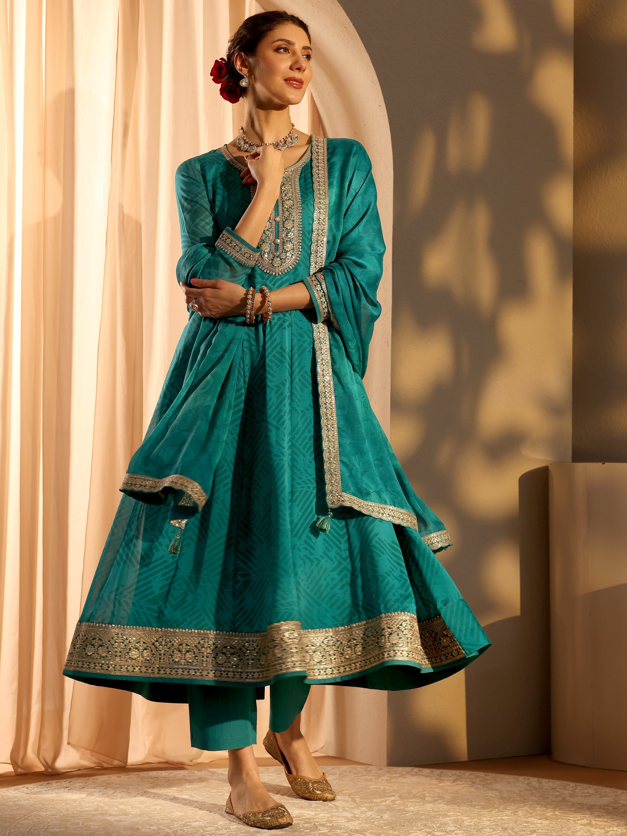Teal Embroidered Chiffon Anarkali Suit Set With Dupatta-image-24
