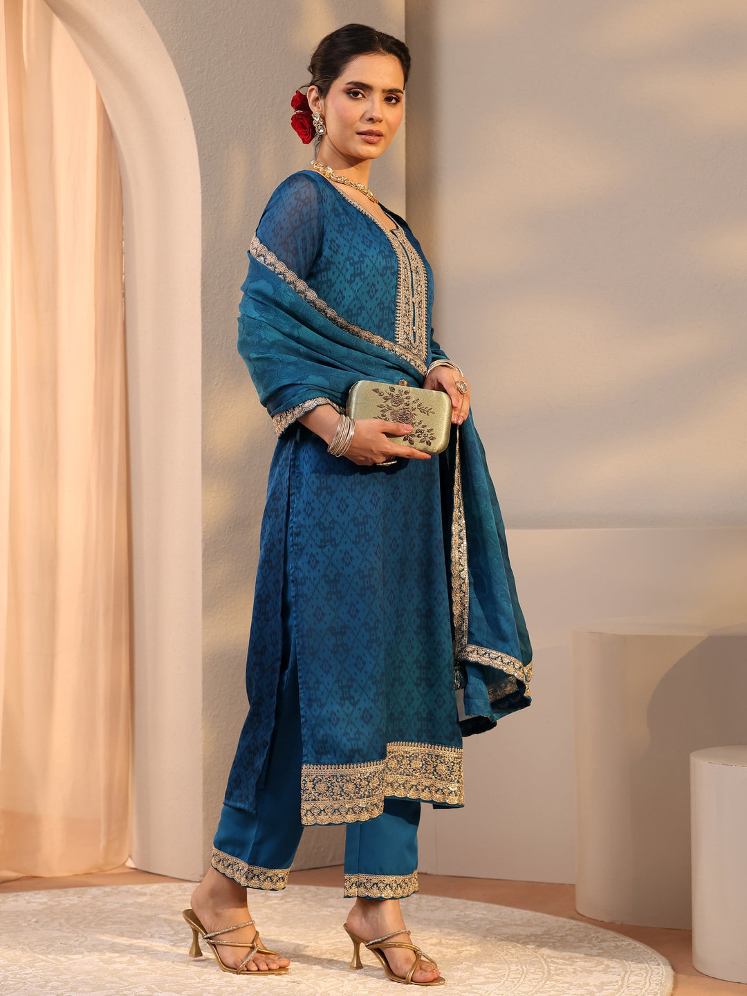 Teal Embroidered Chiffon Straight Suit Set With Dupatta