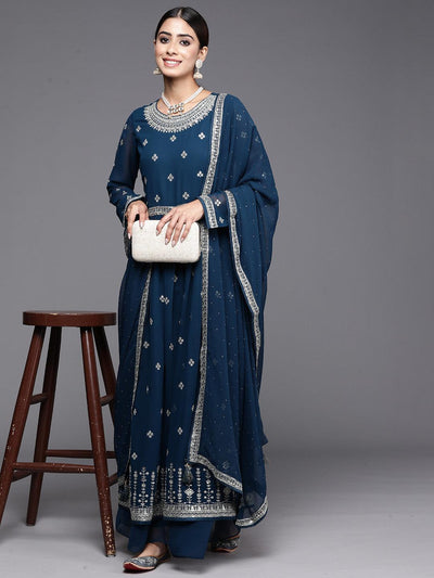 Teal Embroidered Georgette A-Line Kurta With Palazzos & Dupatta - Libas