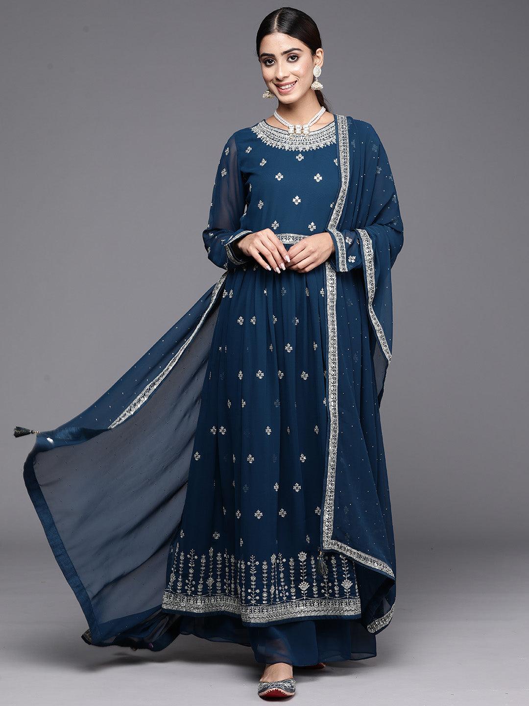 Teal Embroidered Georgette A-Line Kurta With Palazzos & Dupatta