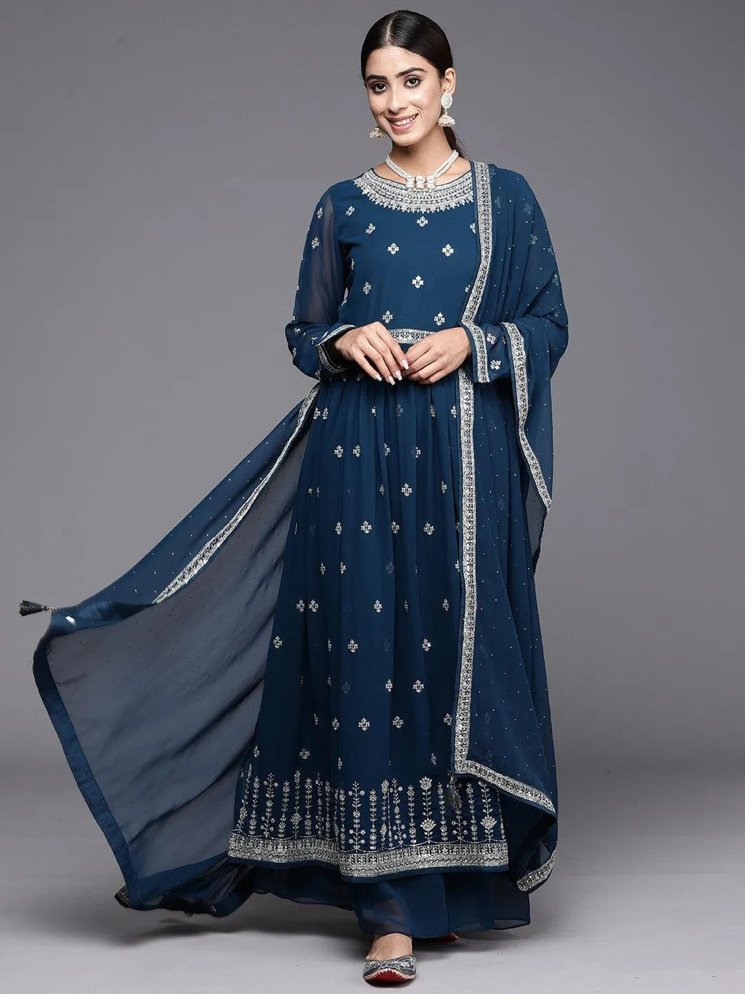 Teal Embroidered Georgette A-Line Kurta With Palazzos & Dupatta - Libas