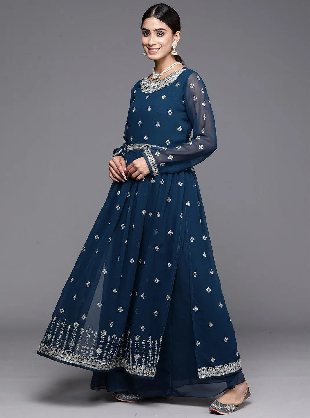 Teal Embroidered Georgette A-Line Kurta With Palazzos & Dupatta - Libas 