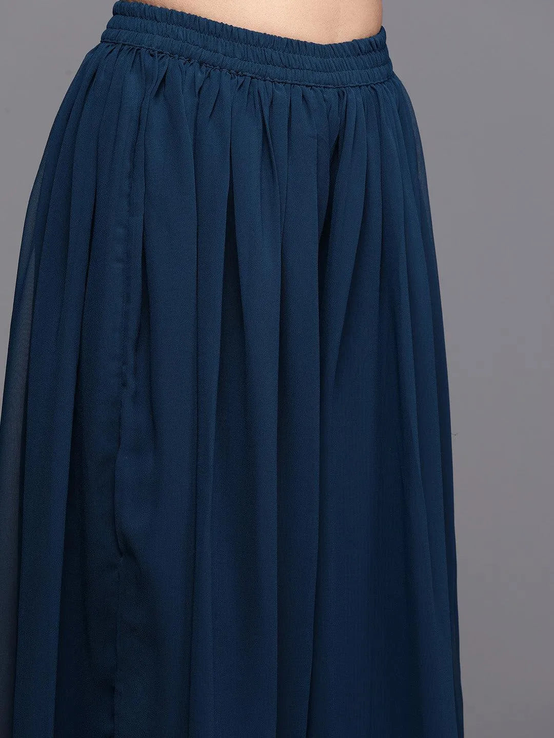Teal Embroidered Georgette A-Line Kurta With Palazzos & Dupatta - Libas 