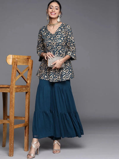 Teal Embroidered Georgette Kurta Set - Libas