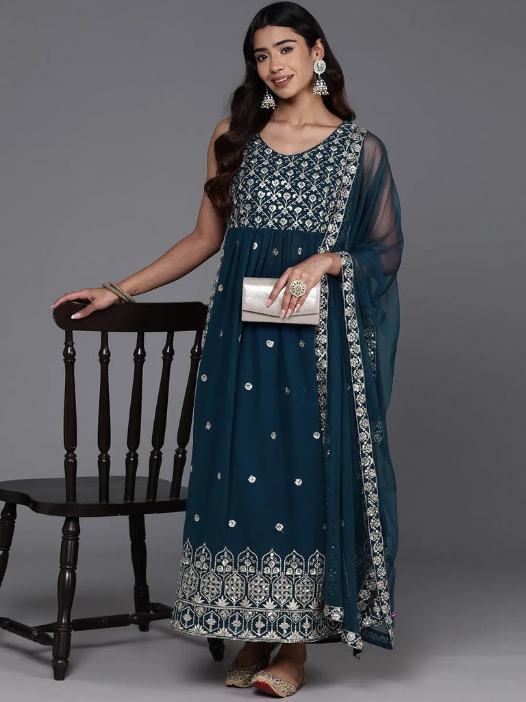 Libas Teal Embroidered Georgette A-Line Kurta With Trousers & Dupatta