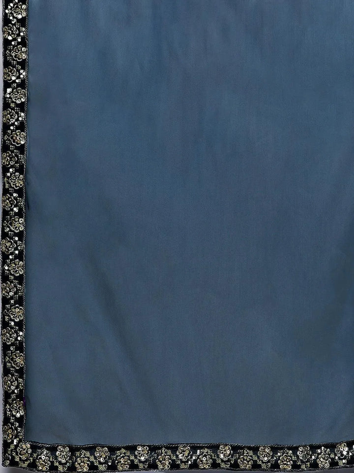 Teal Embroidered Georgette A-Line Kurta With Trousers & Dupatta - Libas