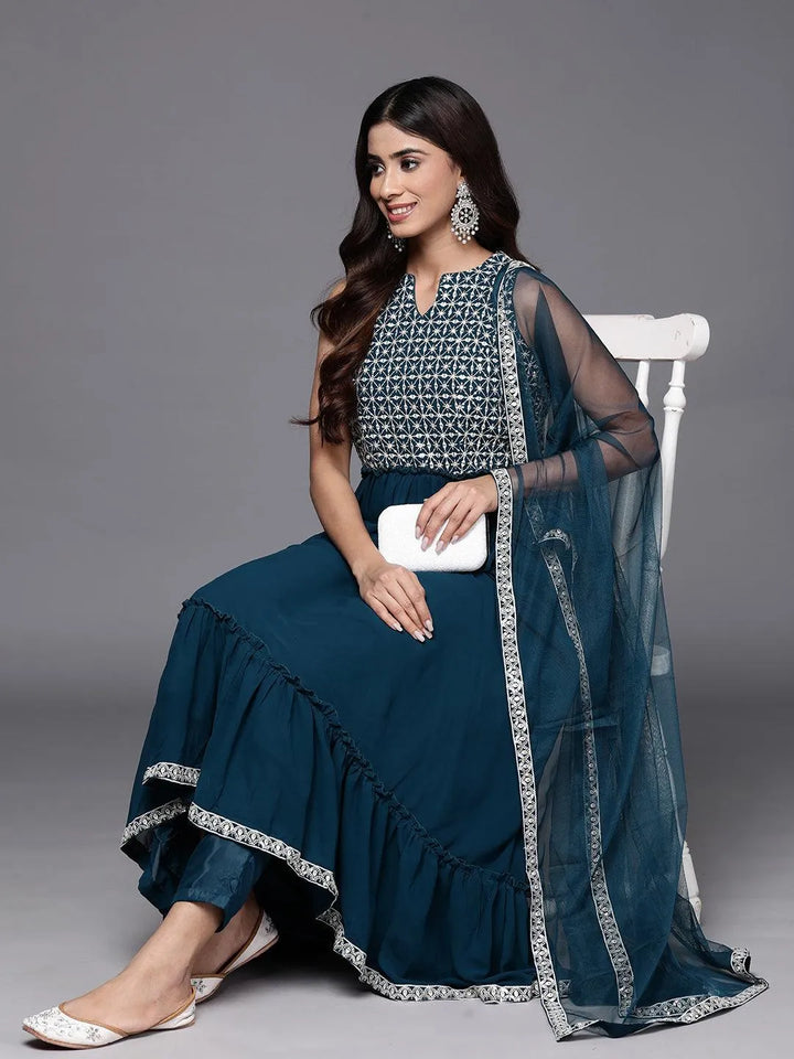 Teal Embroidered Georgette Anarkali Kurta With Trousers & Dupatta - Libas