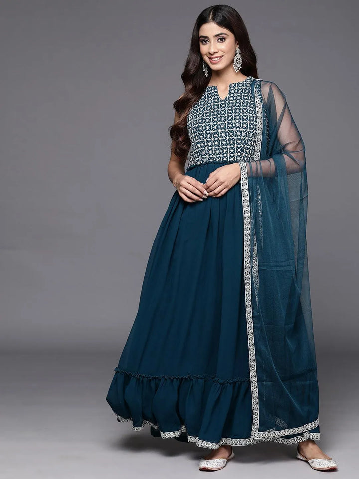 Teal Embroidered Georgette Anarkali Kurta With Trousers & Dupatta - Libas