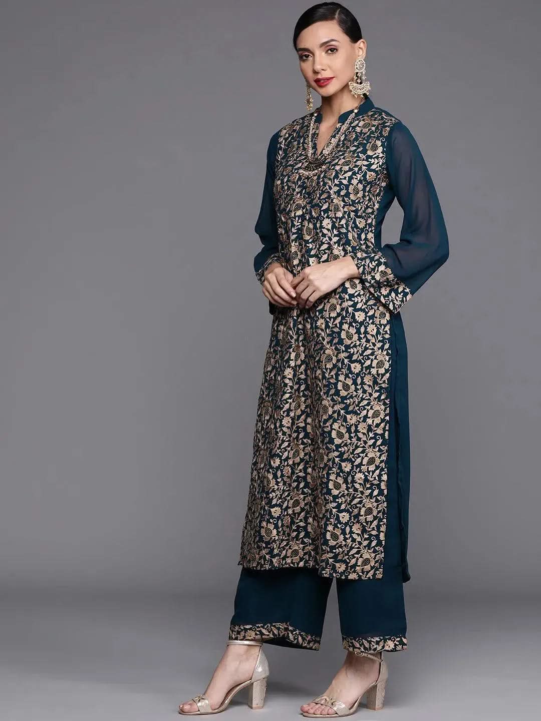Teal Embroidered Georgette Suit Set - Libas 