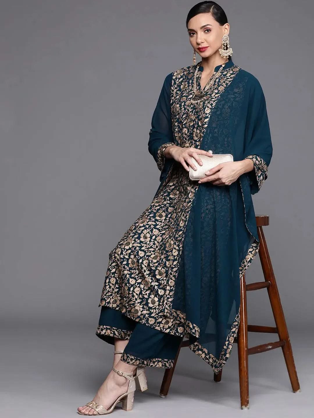 Teal Embroidered Georgette Suit Set - Libas 
