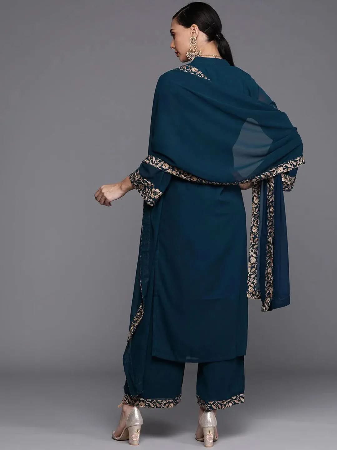 Teal Embroidered Georgette Suit Set - Libas 