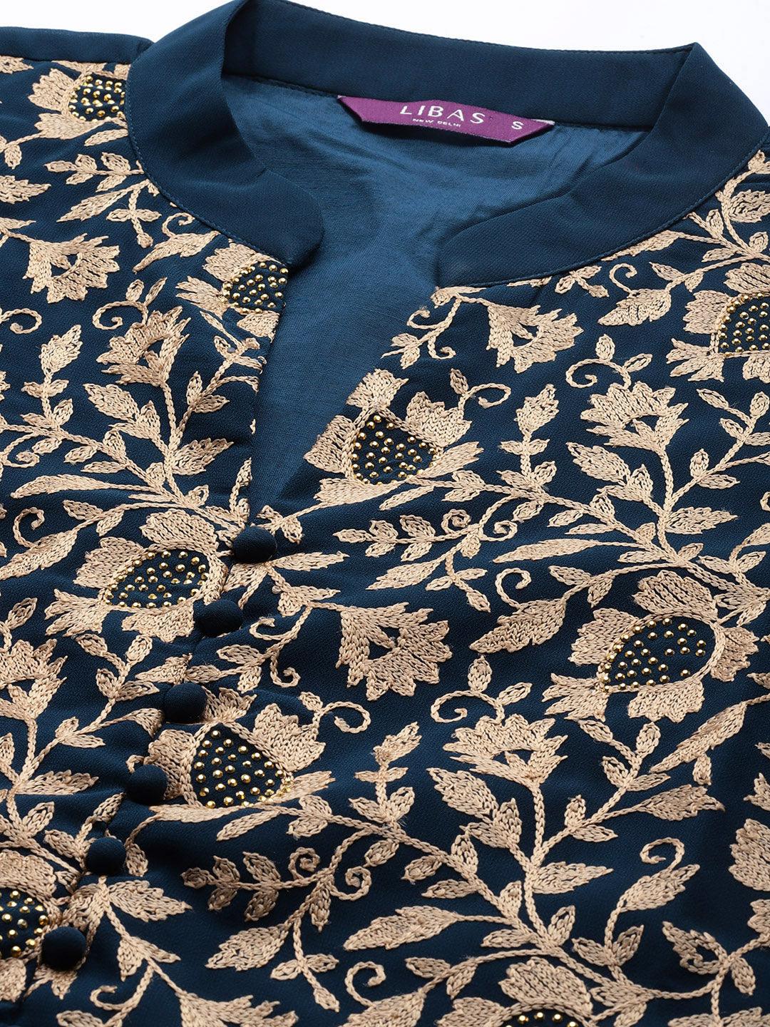 Teal Embroidered Georgette Suit Set - Libas