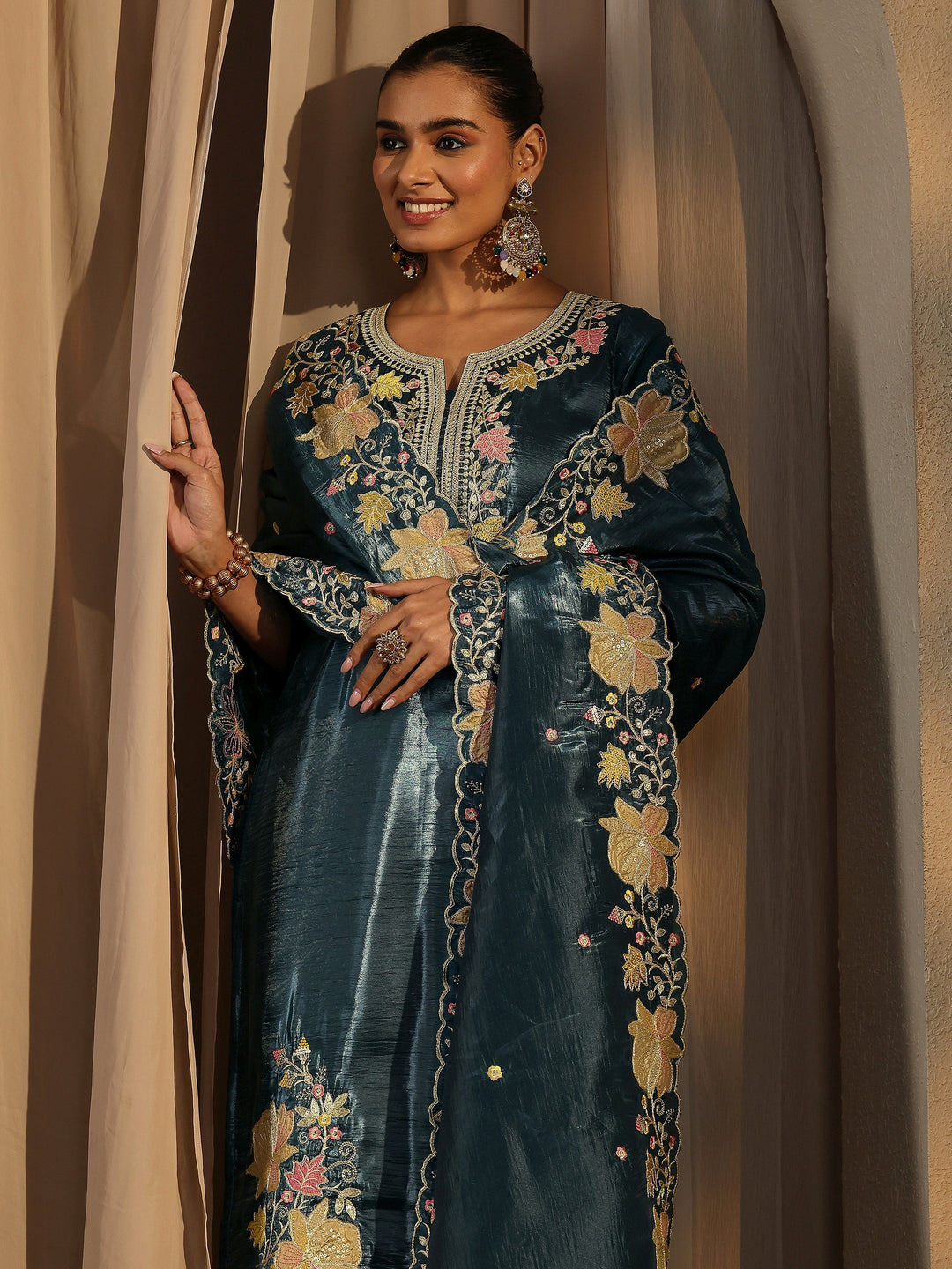 Teal Embroidered Organza Straight Suit Set With Dupatta