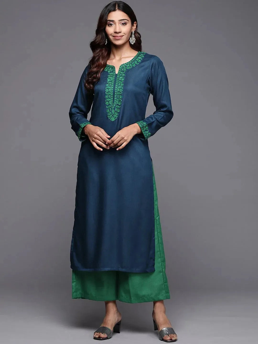 Teal Embroidered Pashmina Wool Straight Kurta - Libas