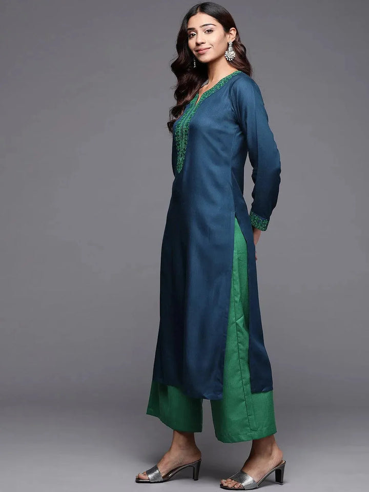 Teal Embroidered Pashmina Wool Straight Kurta - Libas