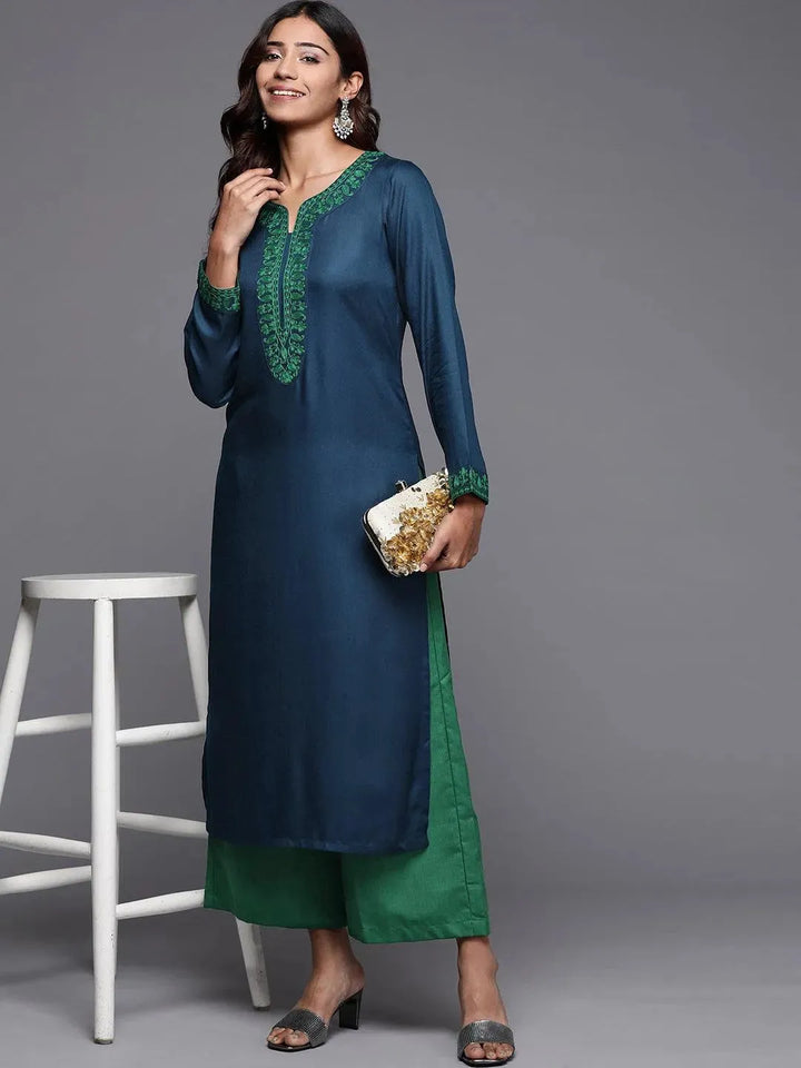 Teal Embroidered Pashmina Wool Straight Kurta - Libas