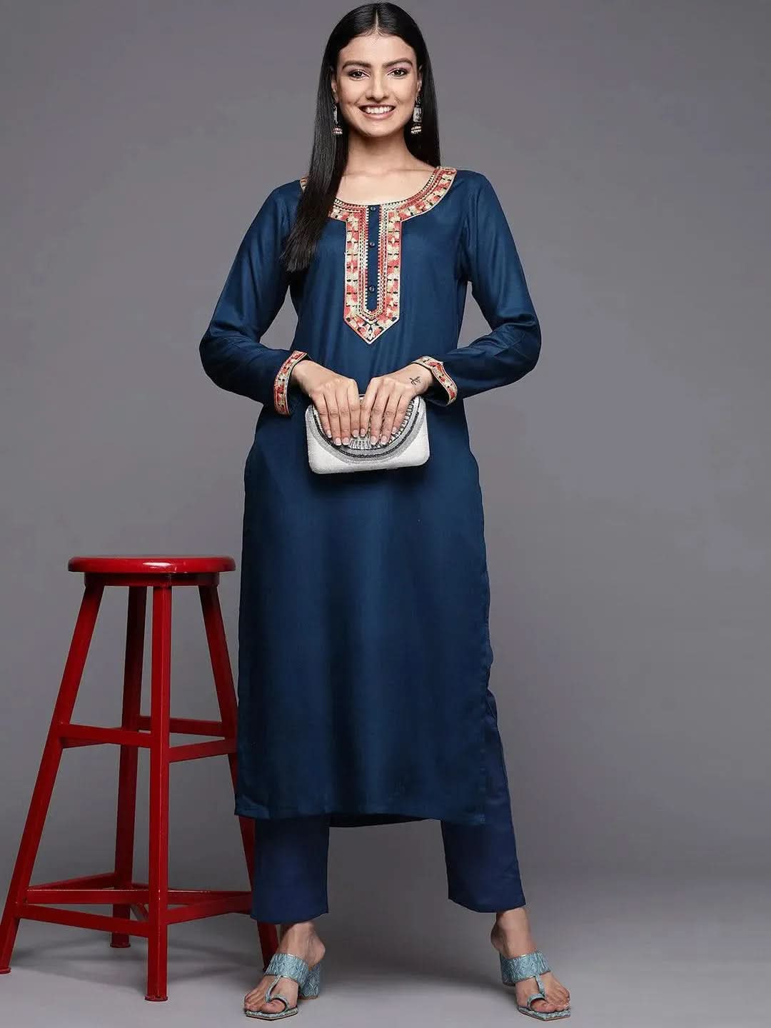 

Teal Embroidered Pashmina Wool Straight Kurta