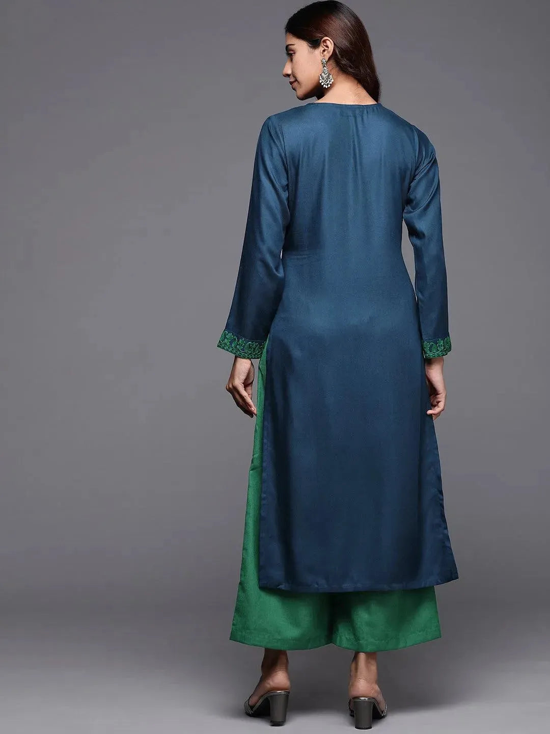 Teal Embroidered Pashmina Wool Straight Kurta - Libas