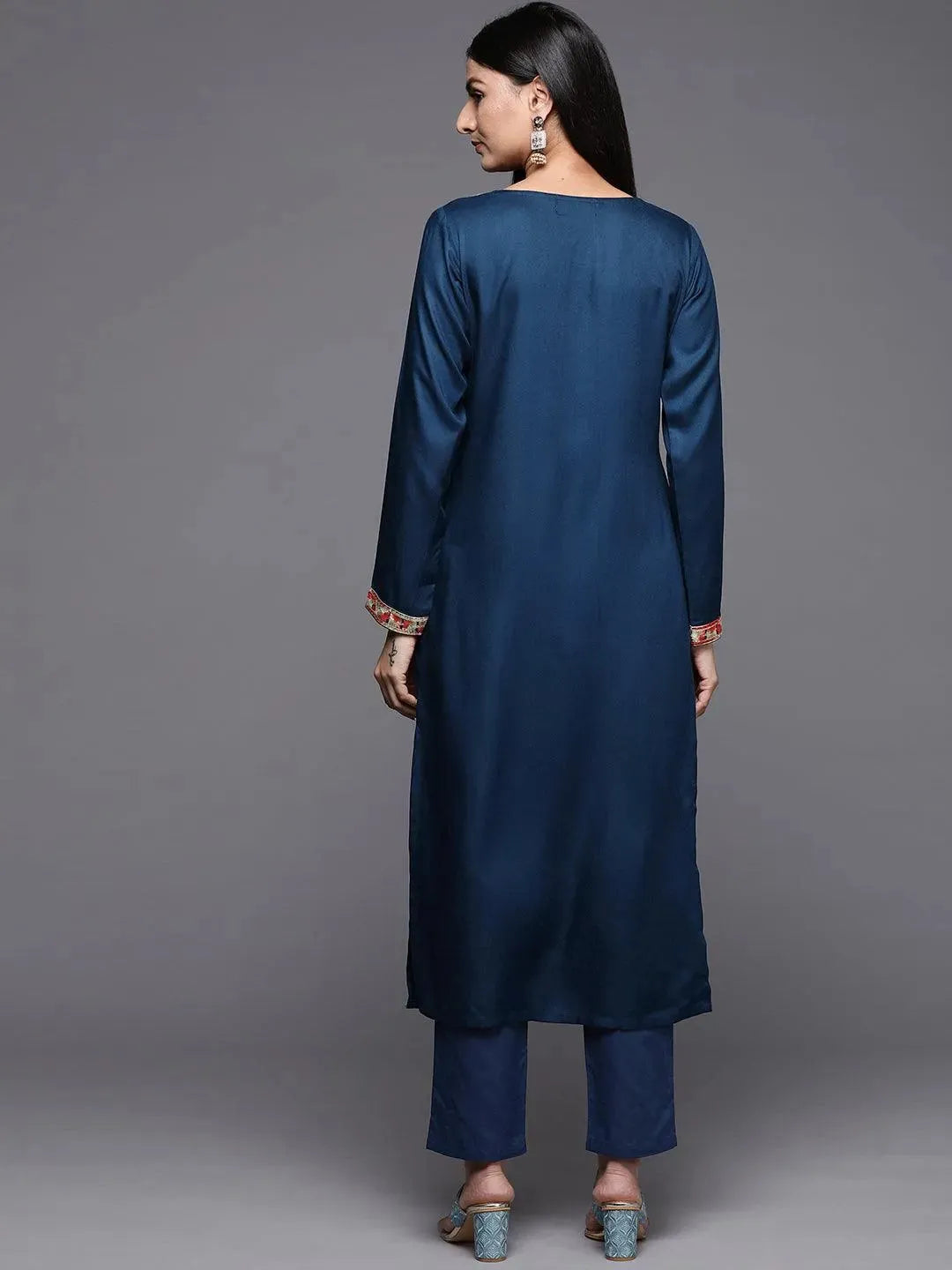 Teal Embroidered Pashmina Wool Straight Kurta - Libas