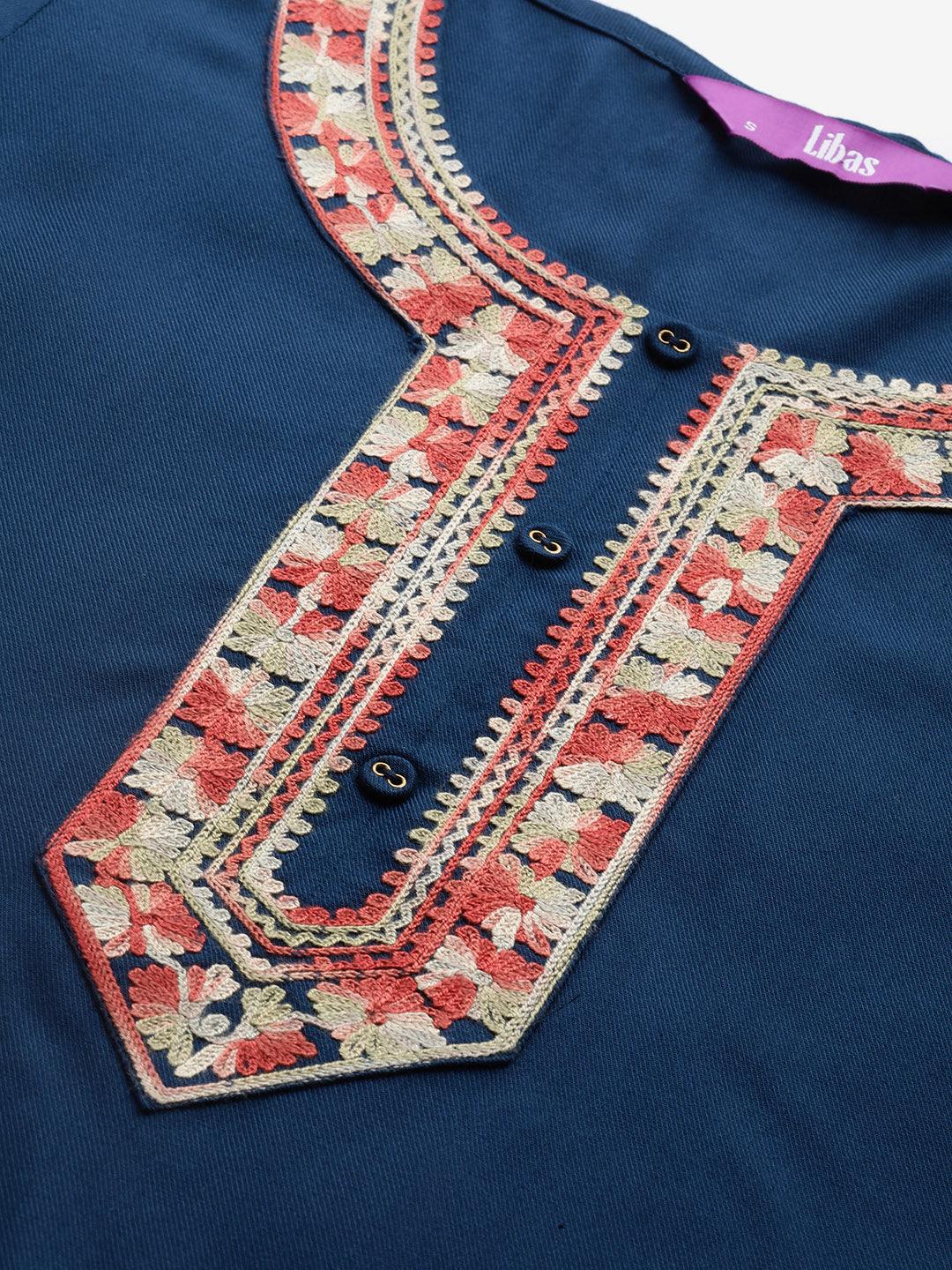 Teal Embroidered Pashmina Wool Straight Kurta