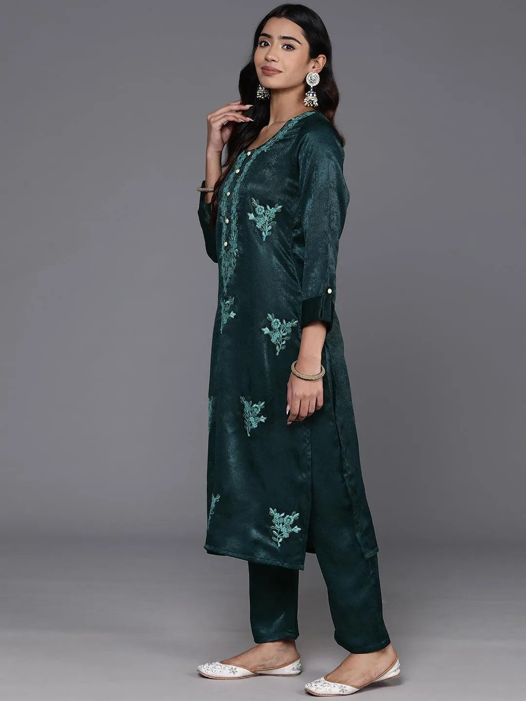 Teal Embroidered Polyester Straight Kurta With Trousers - Libas 