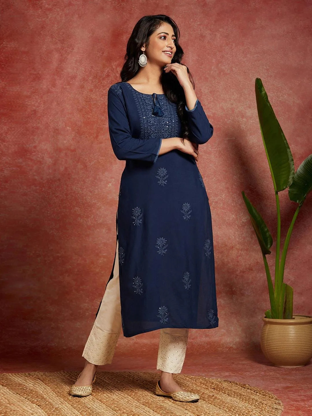 Teal Embroidered Rayon Straight Kurta - Libas 