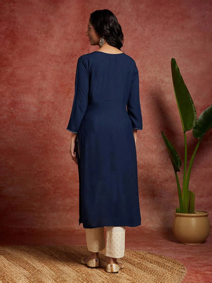Teal Embroidered Rayon Straight Kurta - Libas