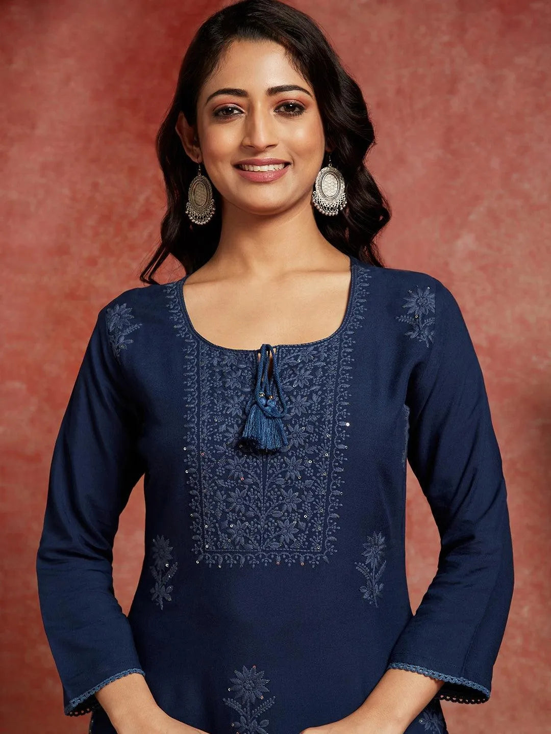 Teal Embroidered Rayon Straight Kurta - Libas 