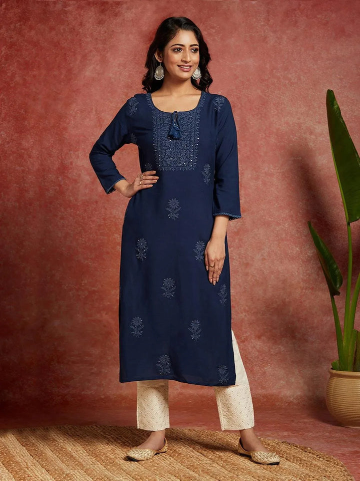Teal Embroidered Rayon Straight Kurta - Libas